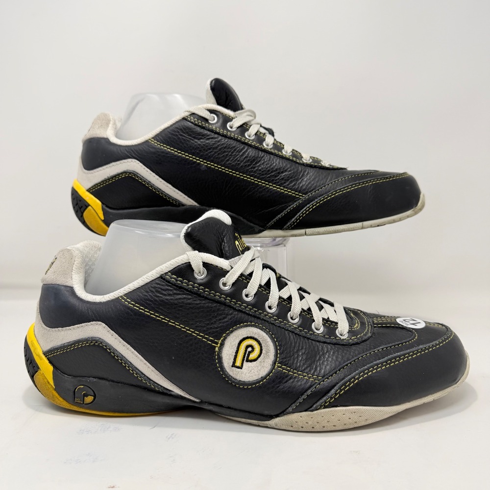 Piloti Tamburello Black Leather Driving Shoes Mens 12 Yellow Contrast Stitching
